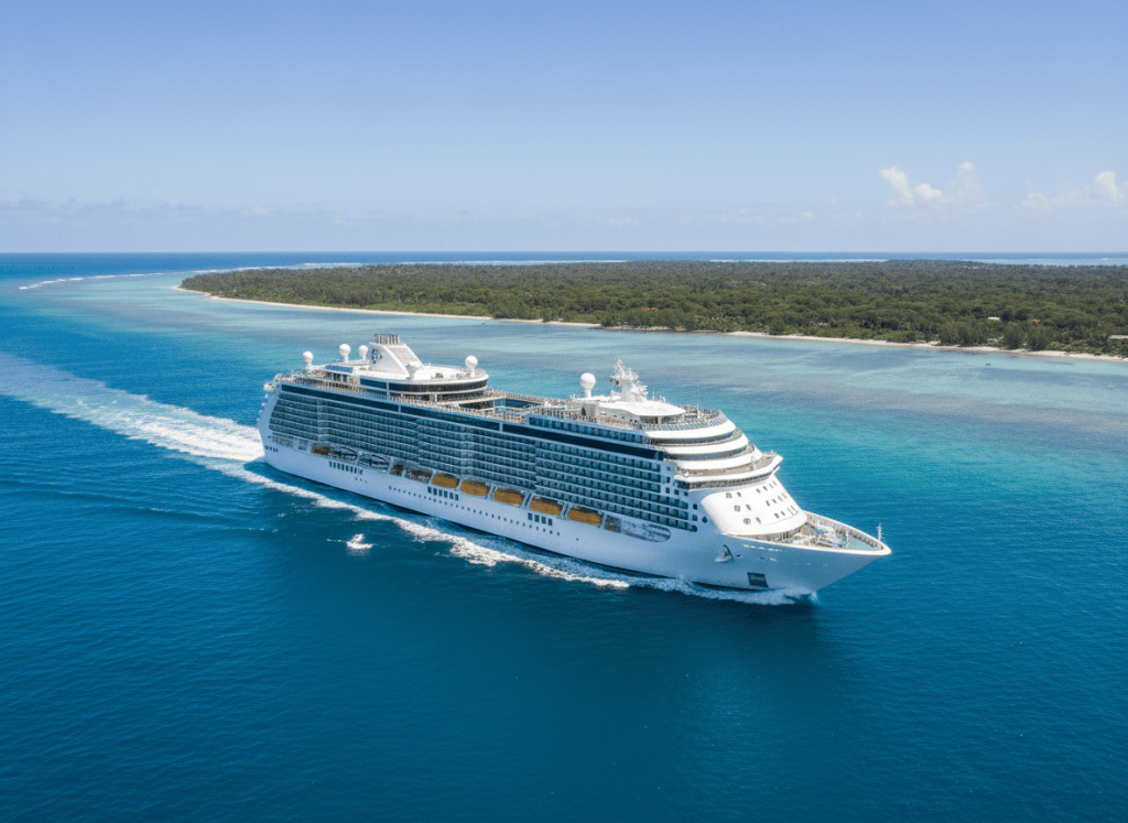 Cruise ship sailing near a tropical island