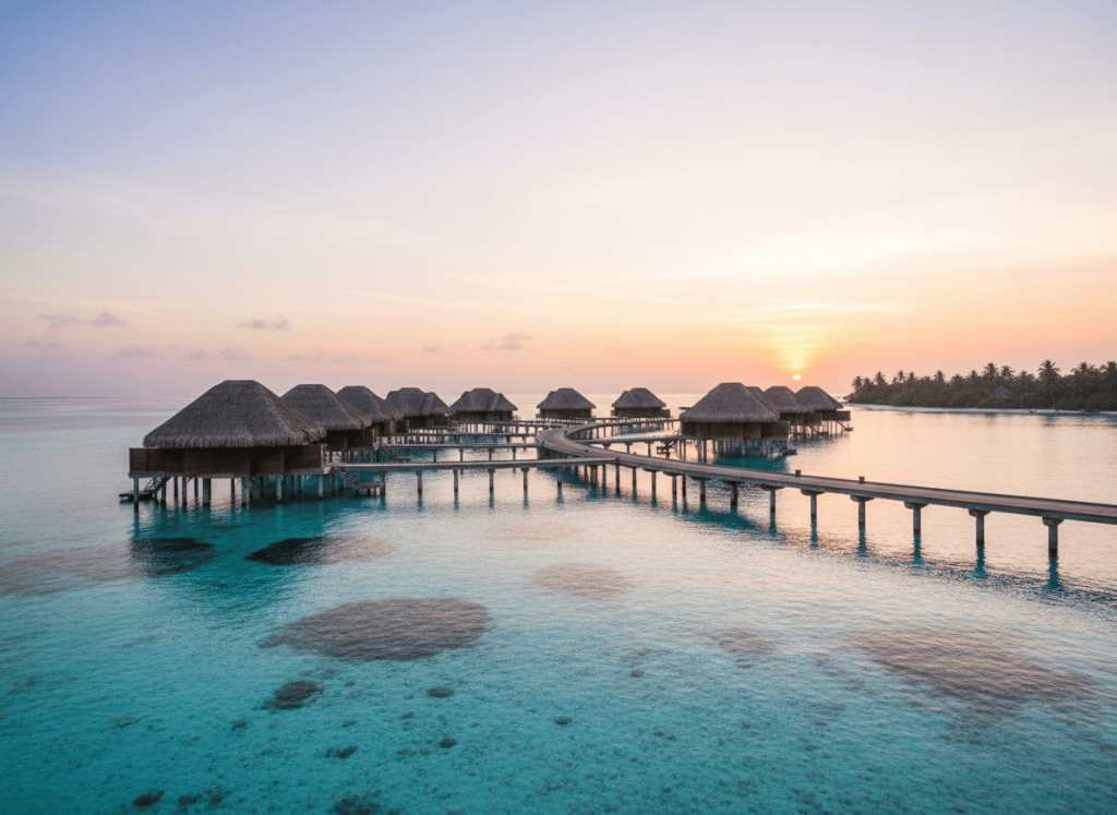 Honeymoon overwater villas above a turquoise lagoon at sunset