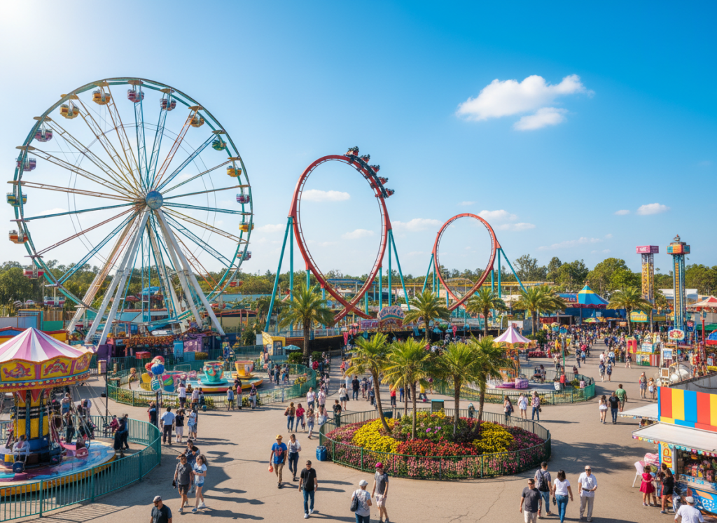 Theme park vacation with roller coaster and ferris wheel
